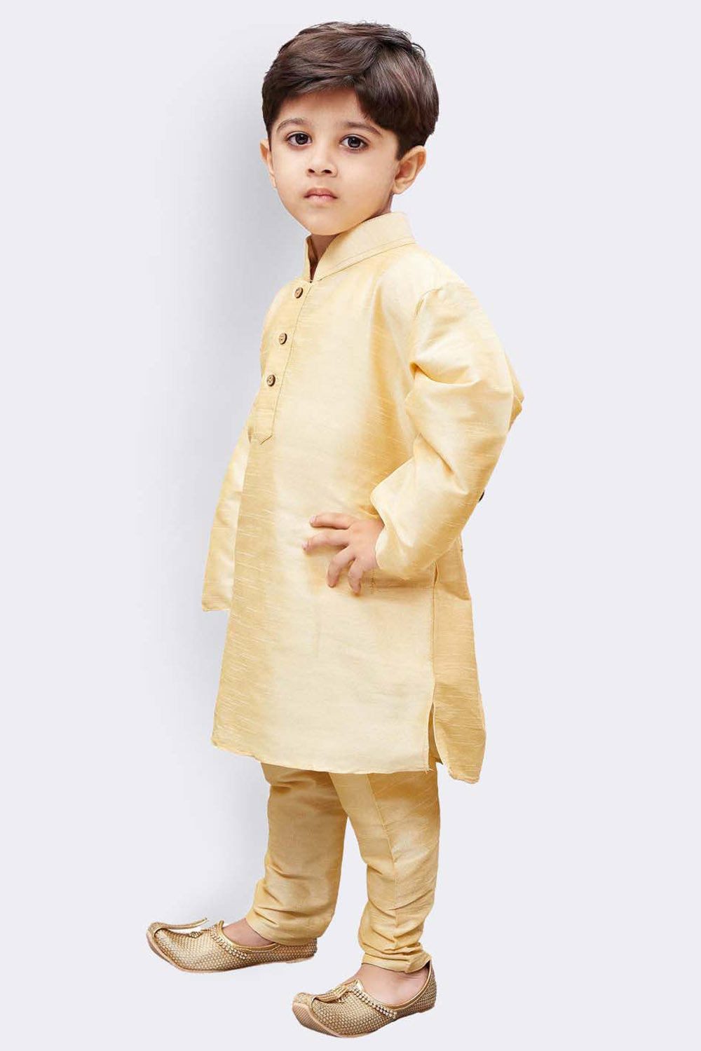 Boy's Cotton Art Silk Kurta Set In Gold