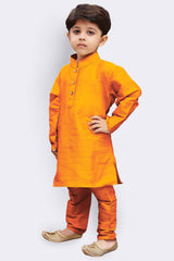 Boy's Cotton Art Silk Kurta Set In Orange