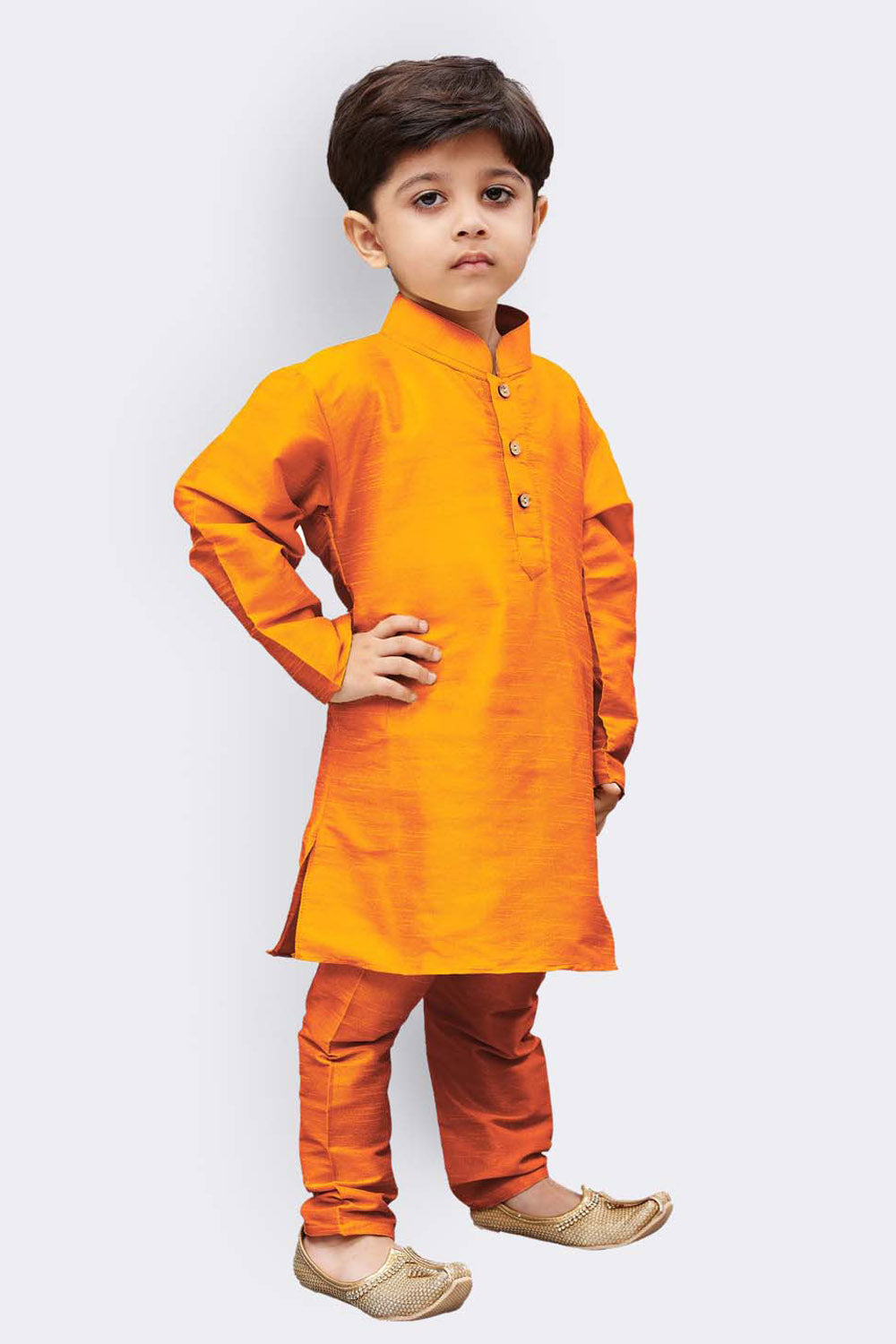 Boy's Cotton Art Silk Kurta Set In Orange