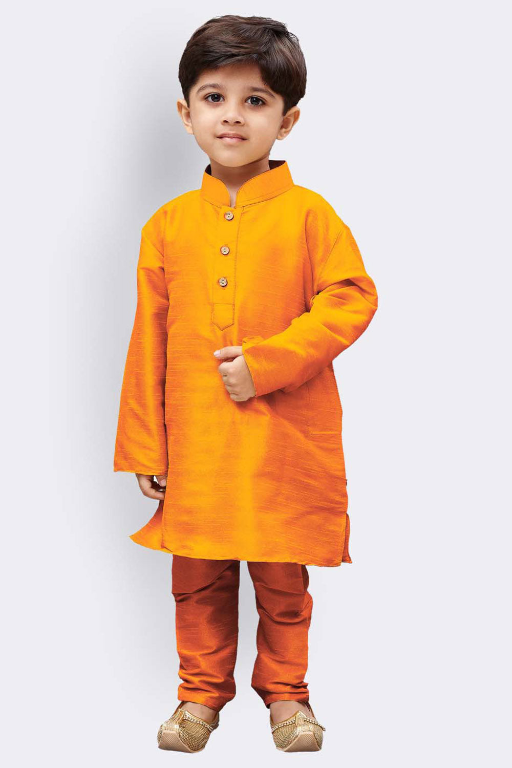 Boy's Cotton Art Silk Kurta Set In Orange