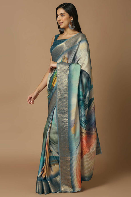 Teal Silk Printed Saree