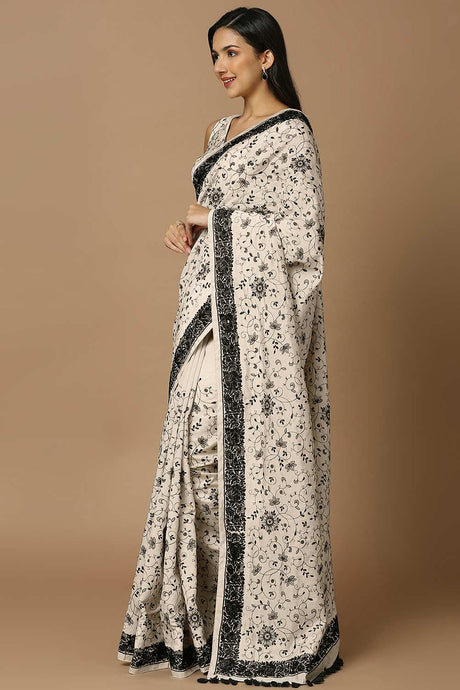 Off White Silk Embroidered Saree