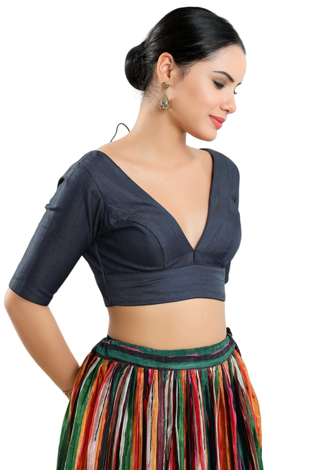 Navy-Blue Silk Half Sleeve Blouse