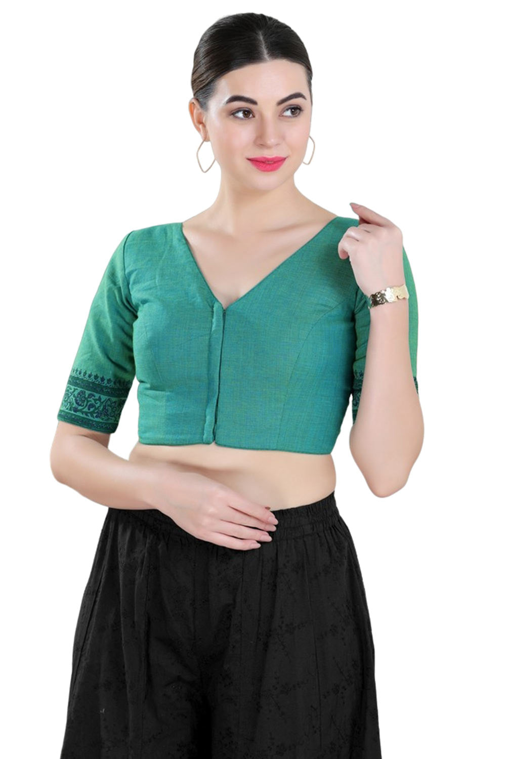 Green Cotton Half Sleeve Blouse