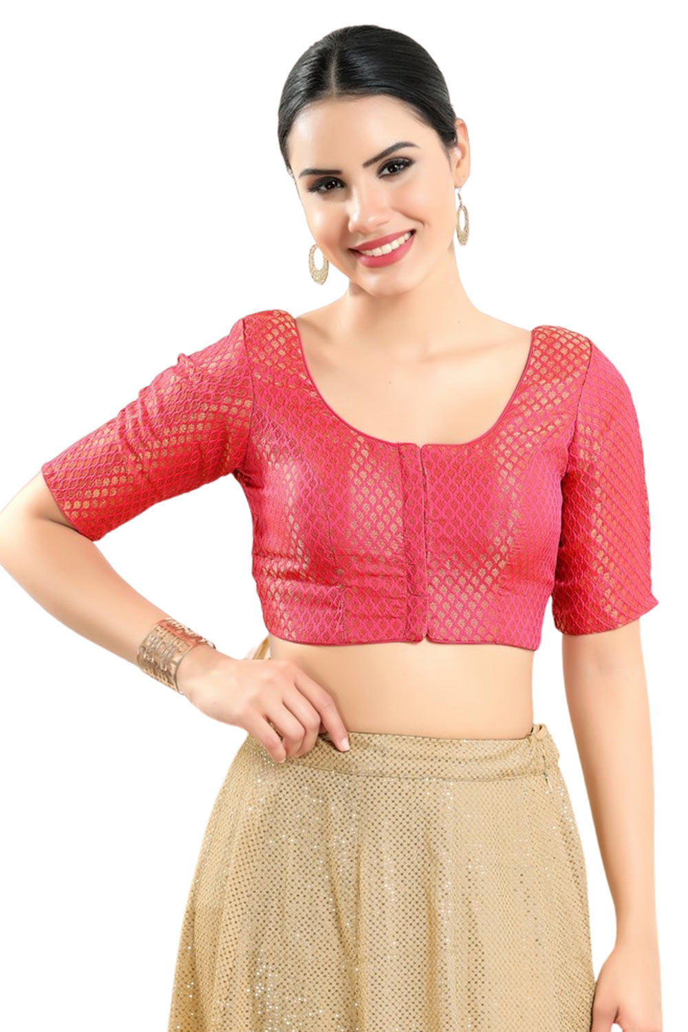 Pink Brocade Half Sleeve Blouse