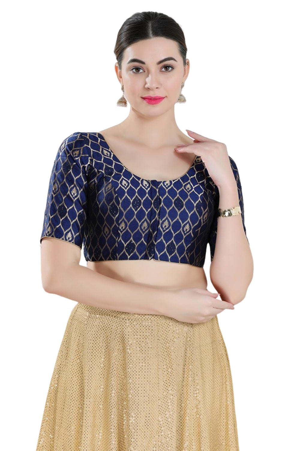 Navy-Blue Brocade Half Sleeve Blouse