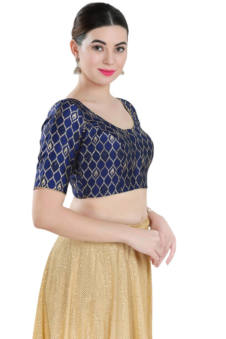 Navy-Blue Brocade Half Sleeve Blouse