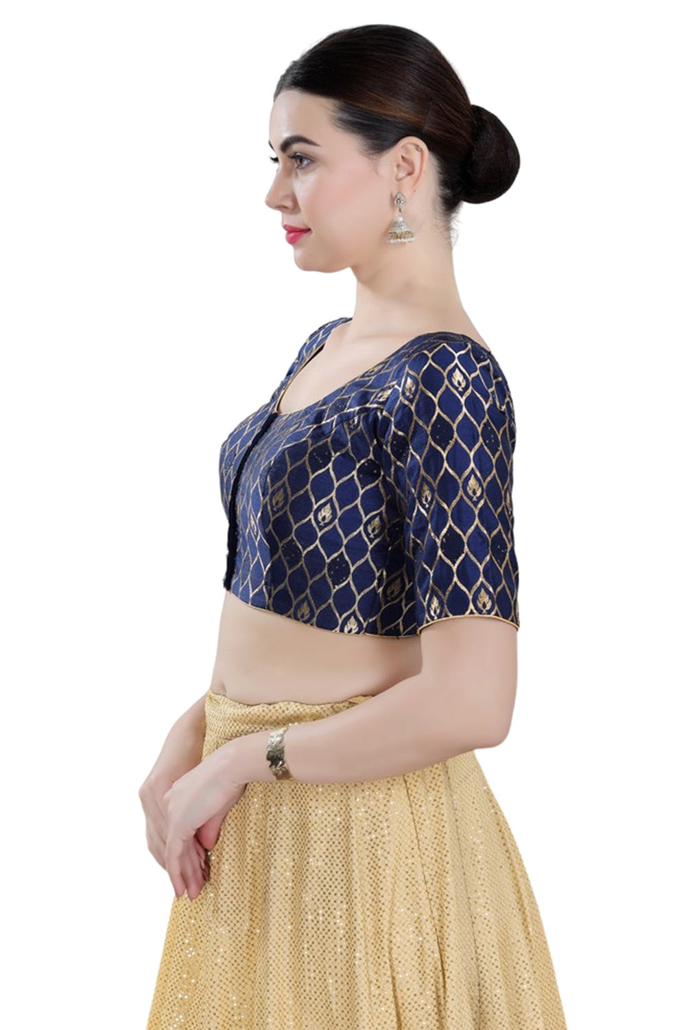 Navy-Blue Brocade Half Sleeve Blouse