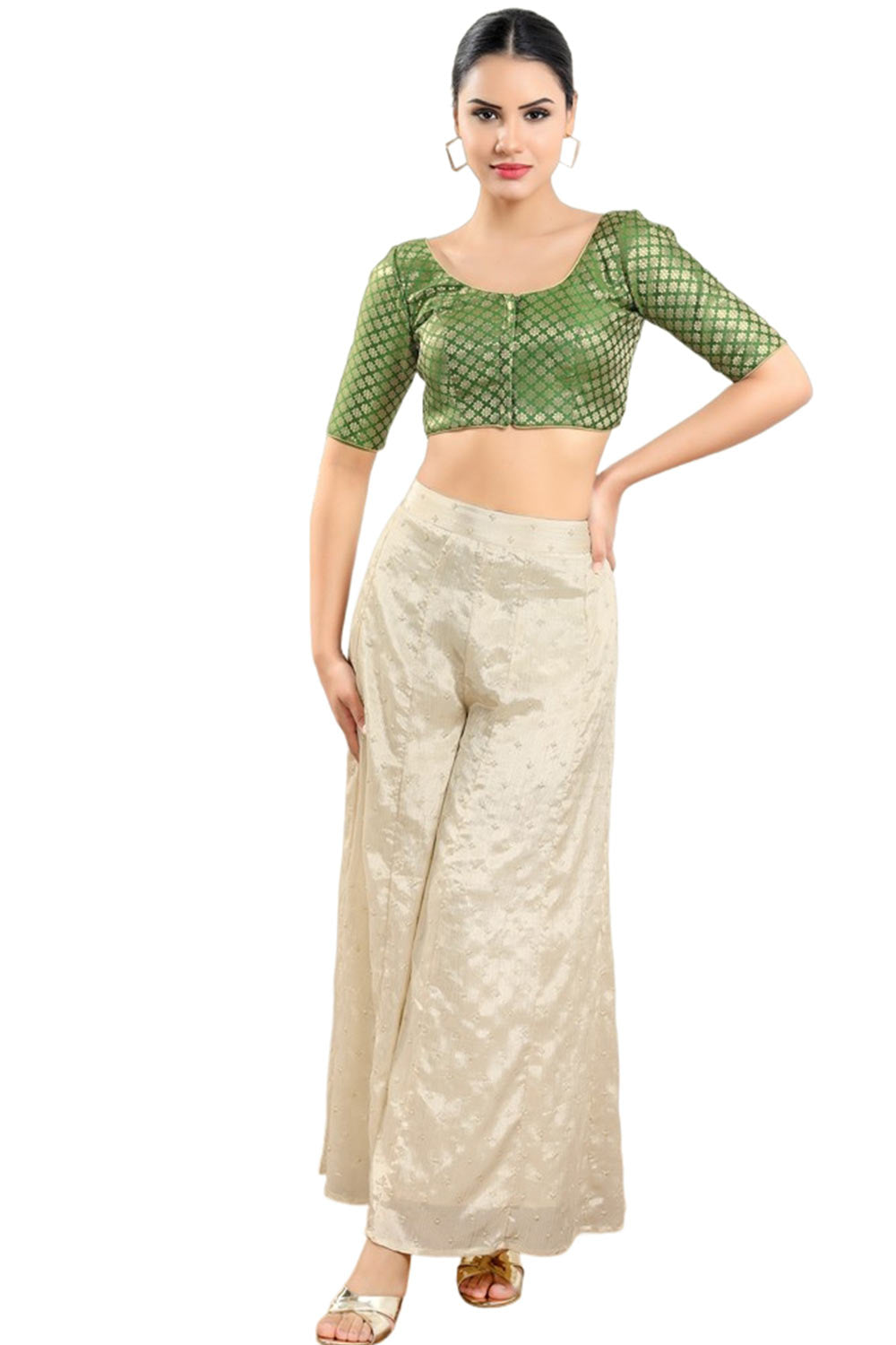 Green Brocade Half Sleeve Blouse