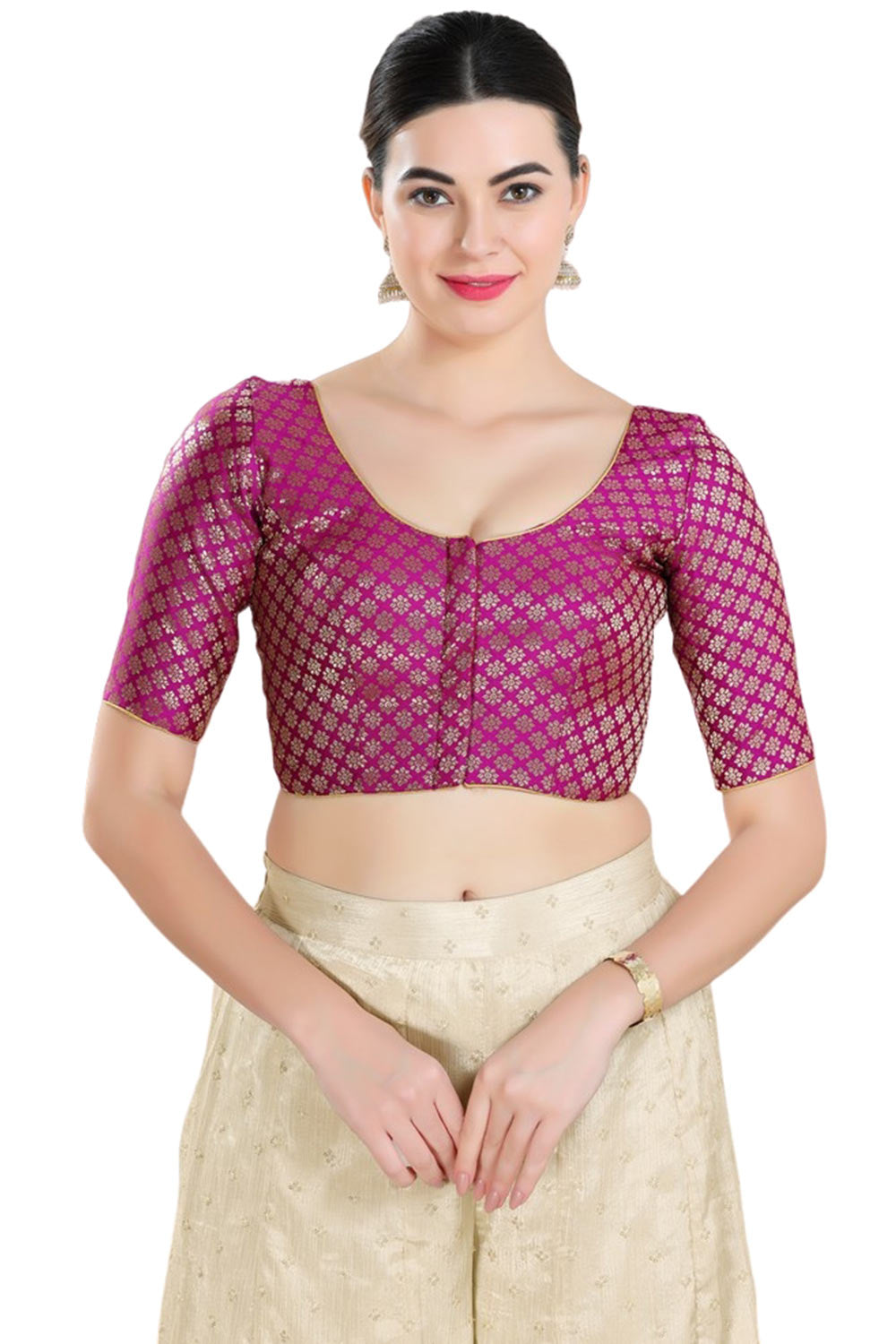 Purple Brocade Half Sleeve Blouse