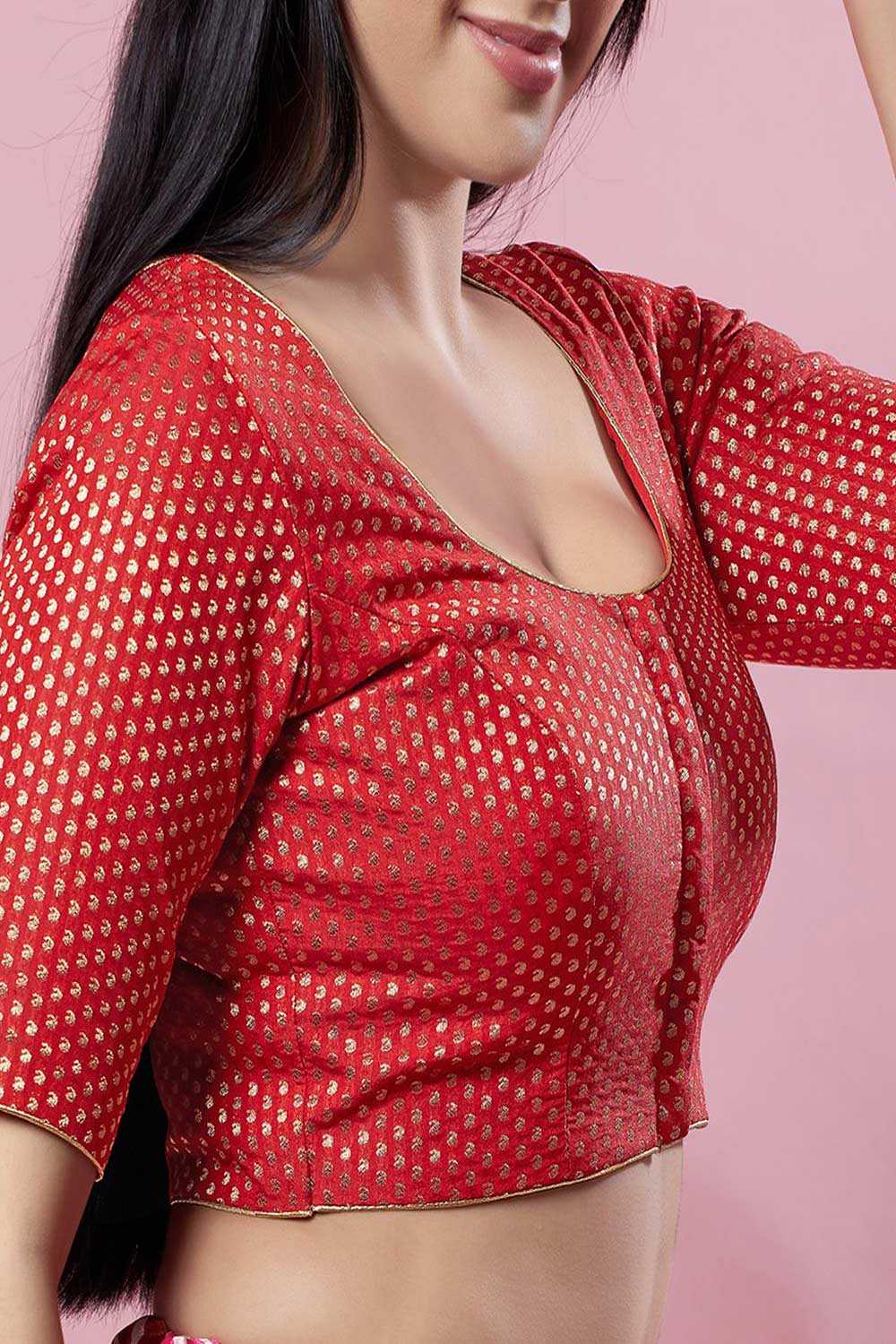 Red Brocade Woven Elbow Sleeves Blouse