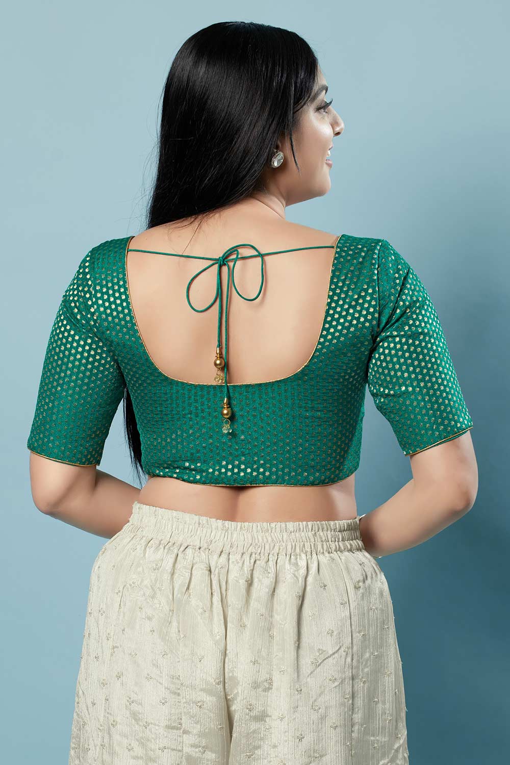 Rama Green Brocade Woven Elbow Sleeves Blouse