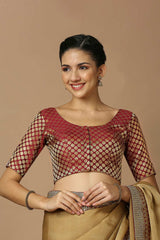 Maroon & Gold Brocade Elbow Length Padded Blouse