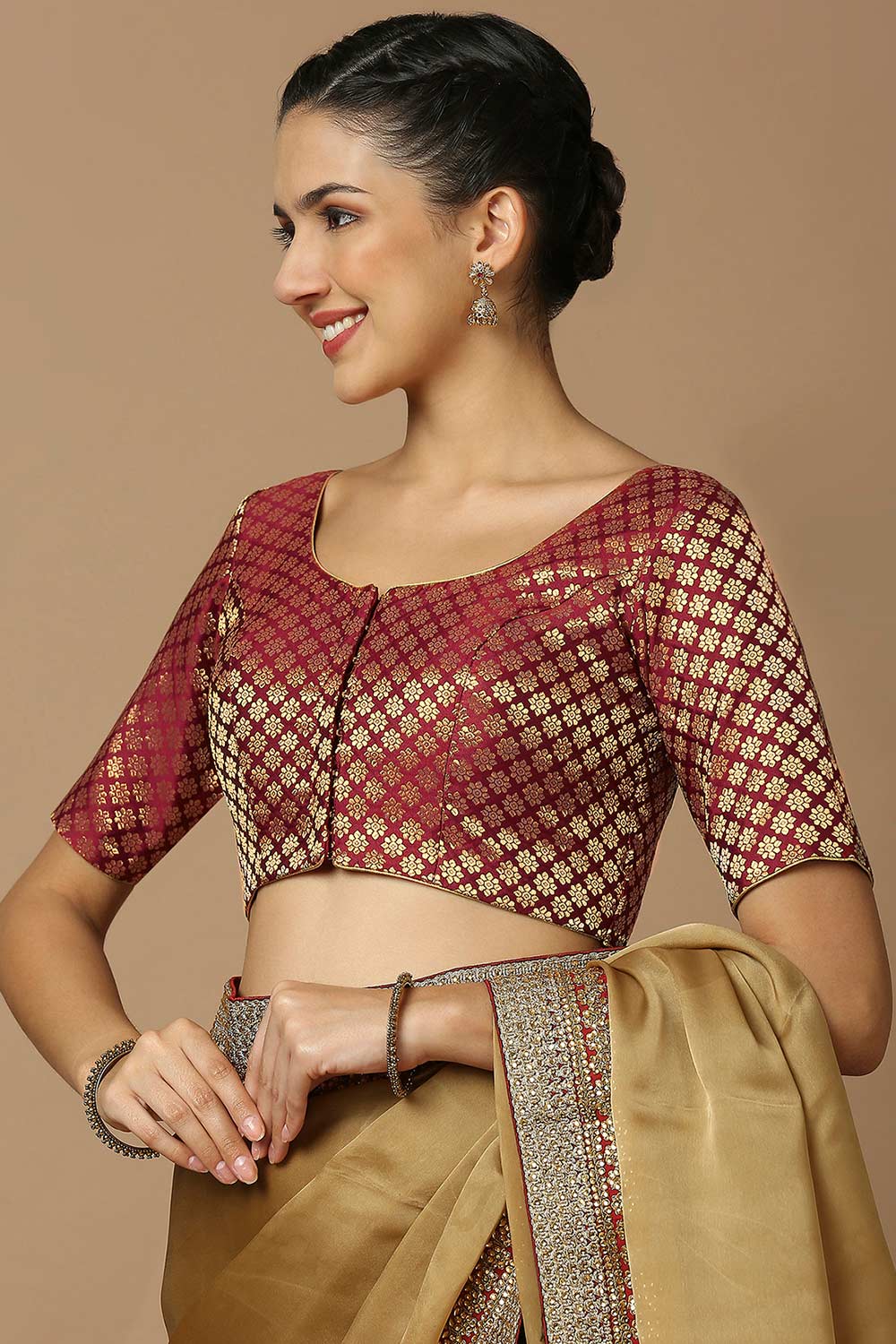 Maroon & Gold Brocade Elbow Length Padded Blouse