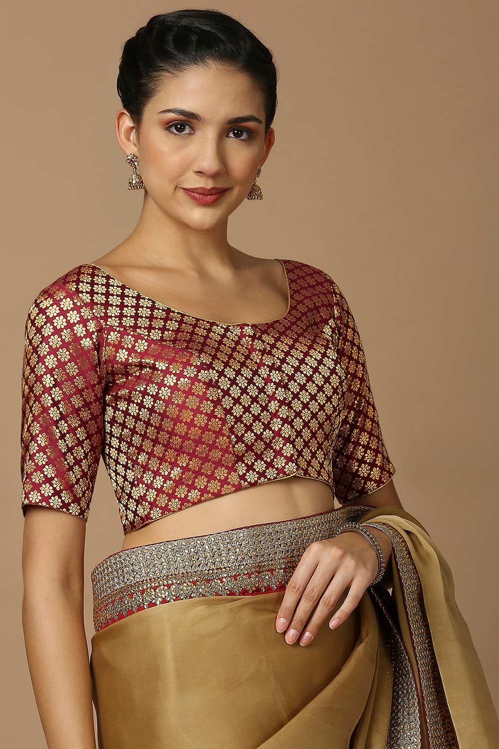 Maroon & Gold Brocade Elbow Length Padded Blouse