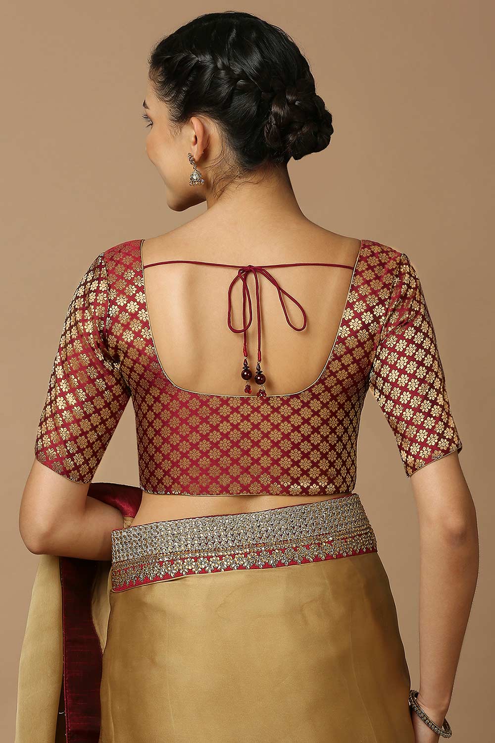 Maroon & Gold Brocade Elbow Length Padded Blouse