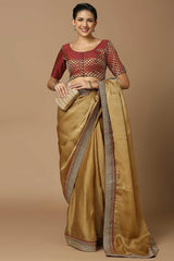 Maroon & Gold Brocade Elbow Length Padded Blouse