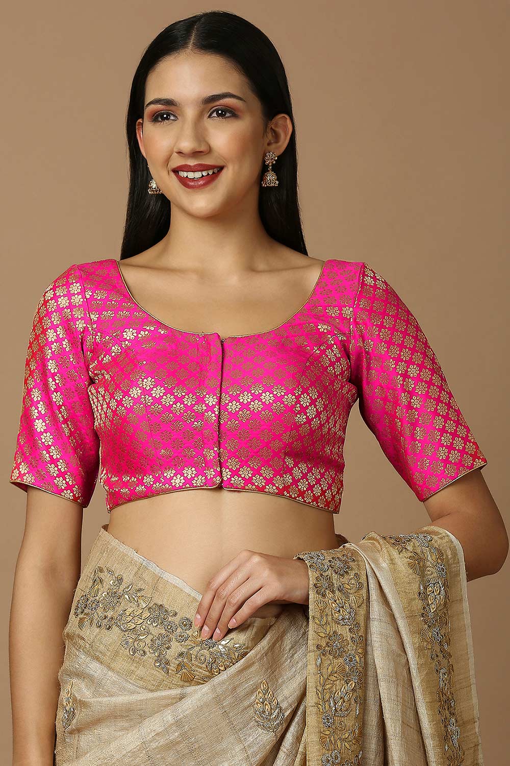 Pink Brocade Elbow Length Padded Blouse