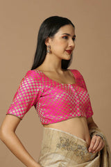 Pink Brocade Elbow Length Padded Blouse