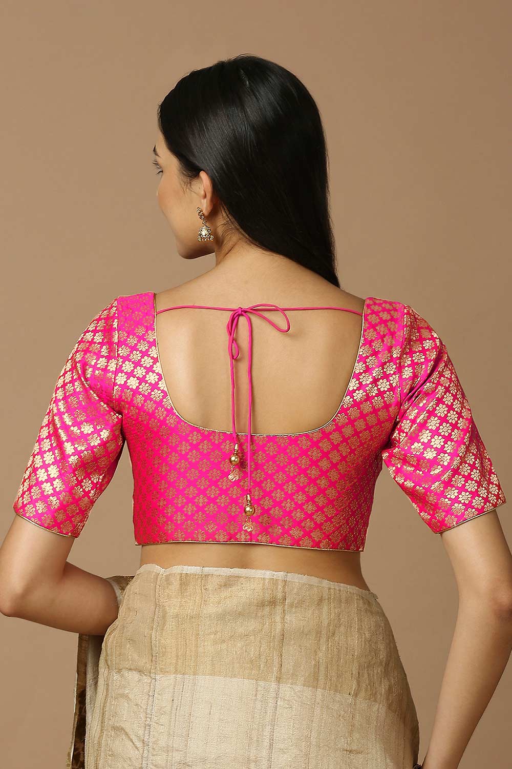 Pink Brocade Elbow Length Padded Blouse