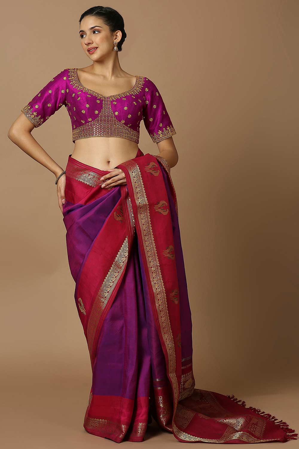 Magenta Silk Elbow Length Padded Blouse