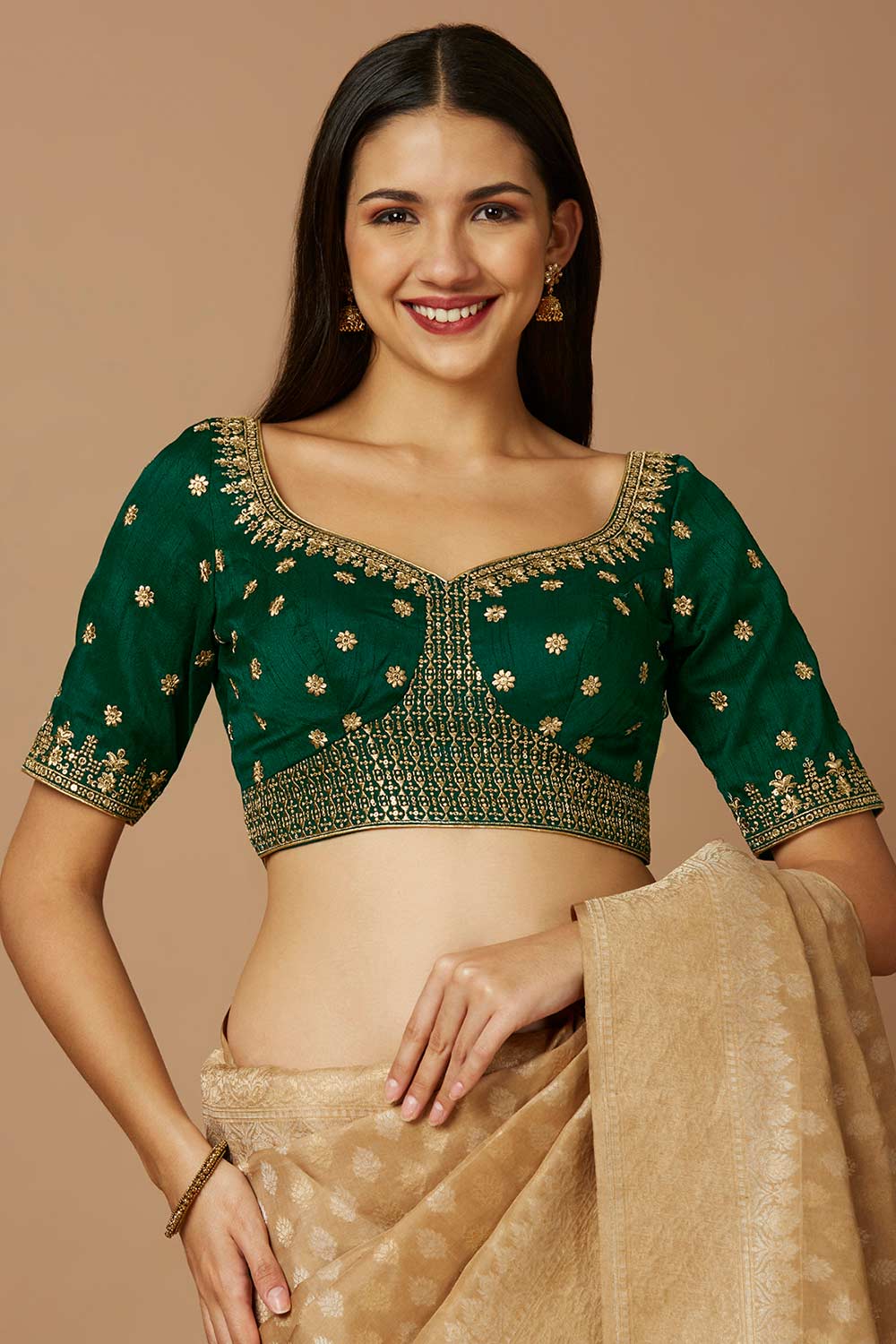 Green Silk Elbow Length Padded Blouse