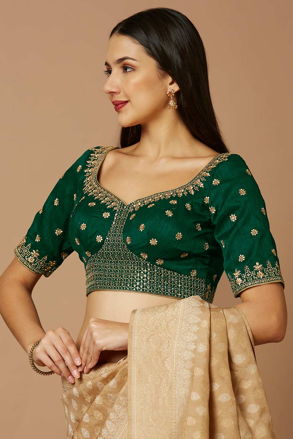 Green Silk Elbow Length Padded Blouse