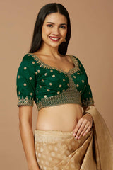 Green Silk Elbow Length Padded Blouse