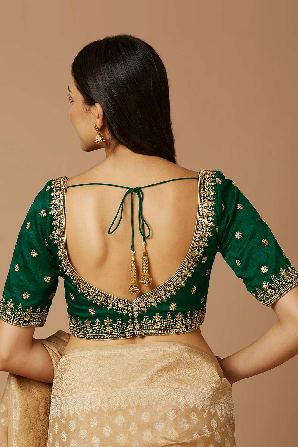 Green Silk Elbow Length Padded Blouse