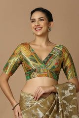 Olive Brocade Elbow Length Padded Blouse