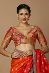 Red & Multi-Color Brocade Elbow Length Padded Blouse