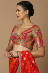 Red & Multi-Color Brocade Elbow Length Padded Blouse