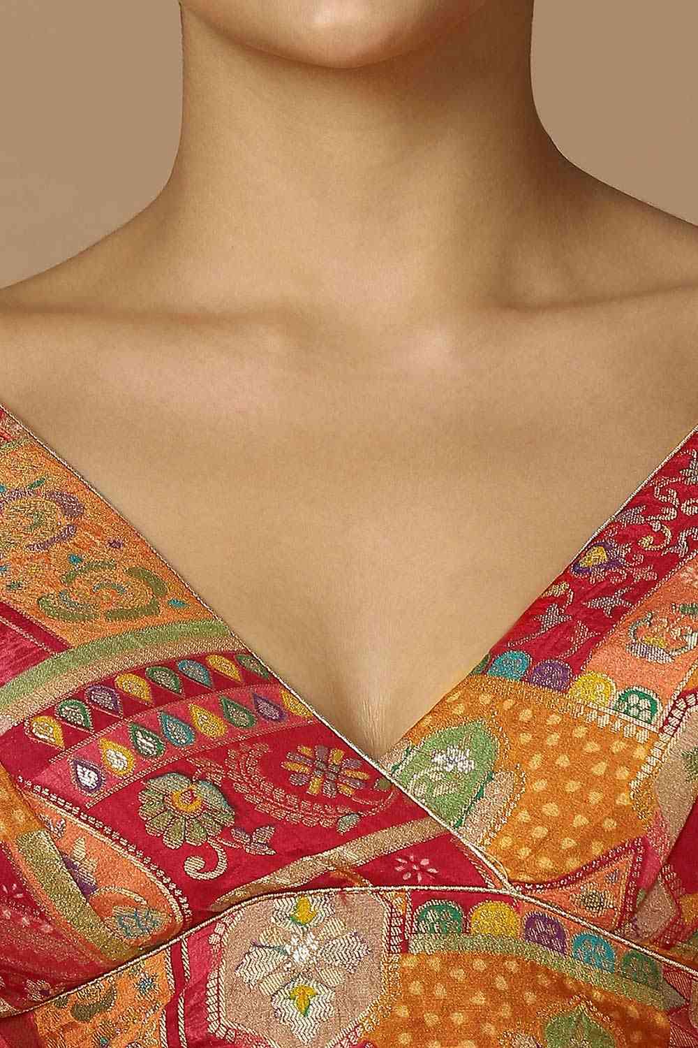 Red & Multi-Color Brocade Elbow Length Padded Blouse