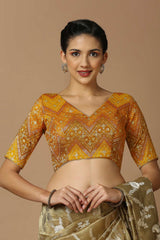 Yellow Brocade Elbow Length Padded Blouse