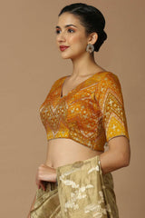 Yellow Brocade Elbow Length Padded Blouse