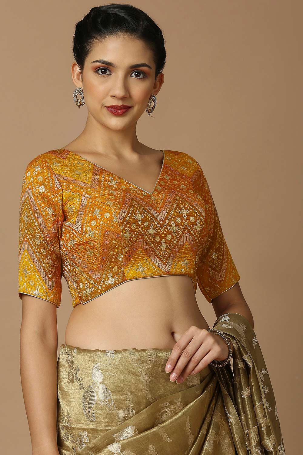 Yellow Brocade Elbow Length Padded Blouse