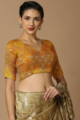 Yellow Brocade Elbow Length Padded Blouse