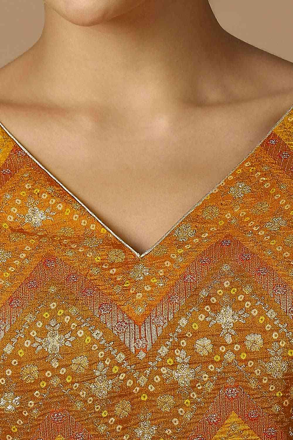 Yellow Brocade Elbow Length Padded Blouse