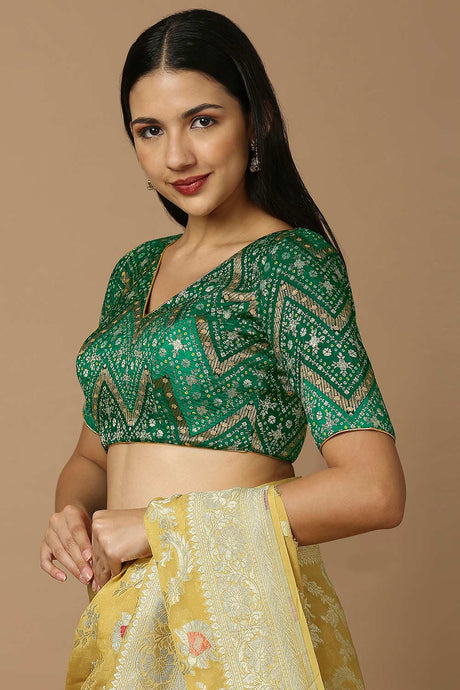 Green Brocade Elbow Length Padded Blouse