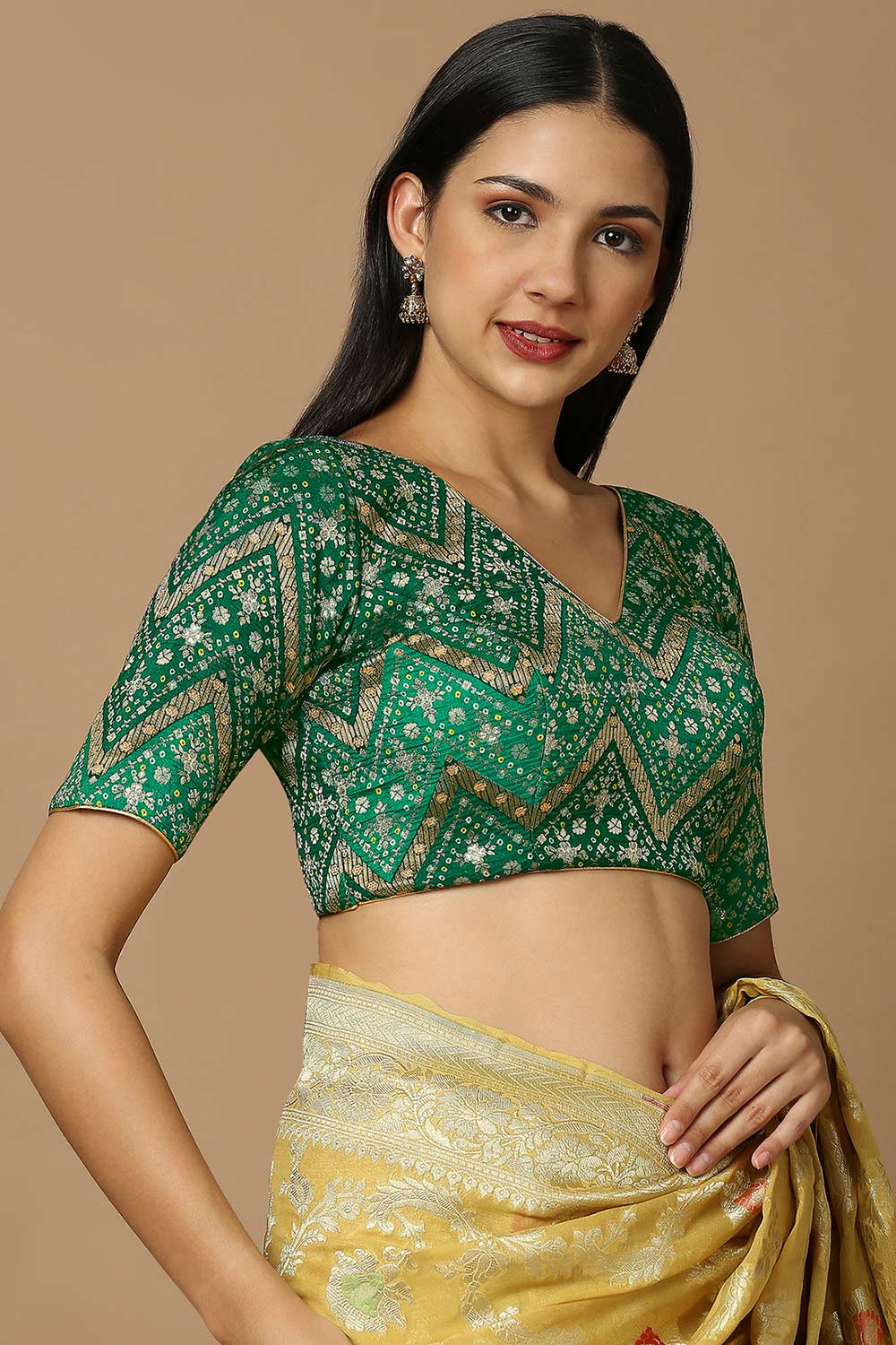 Green Brocade Elbow Length Padded Blouse