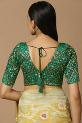 Green Brocade Elbow Length Padded Blouse