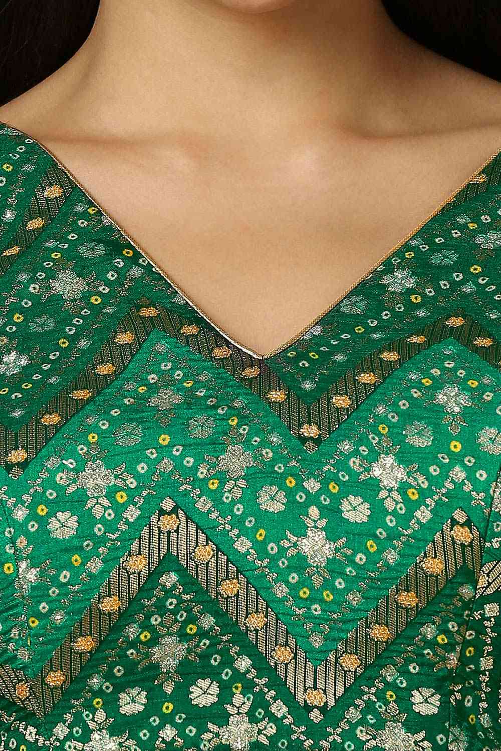 Green Brocade Elbow Length Padded Blouse