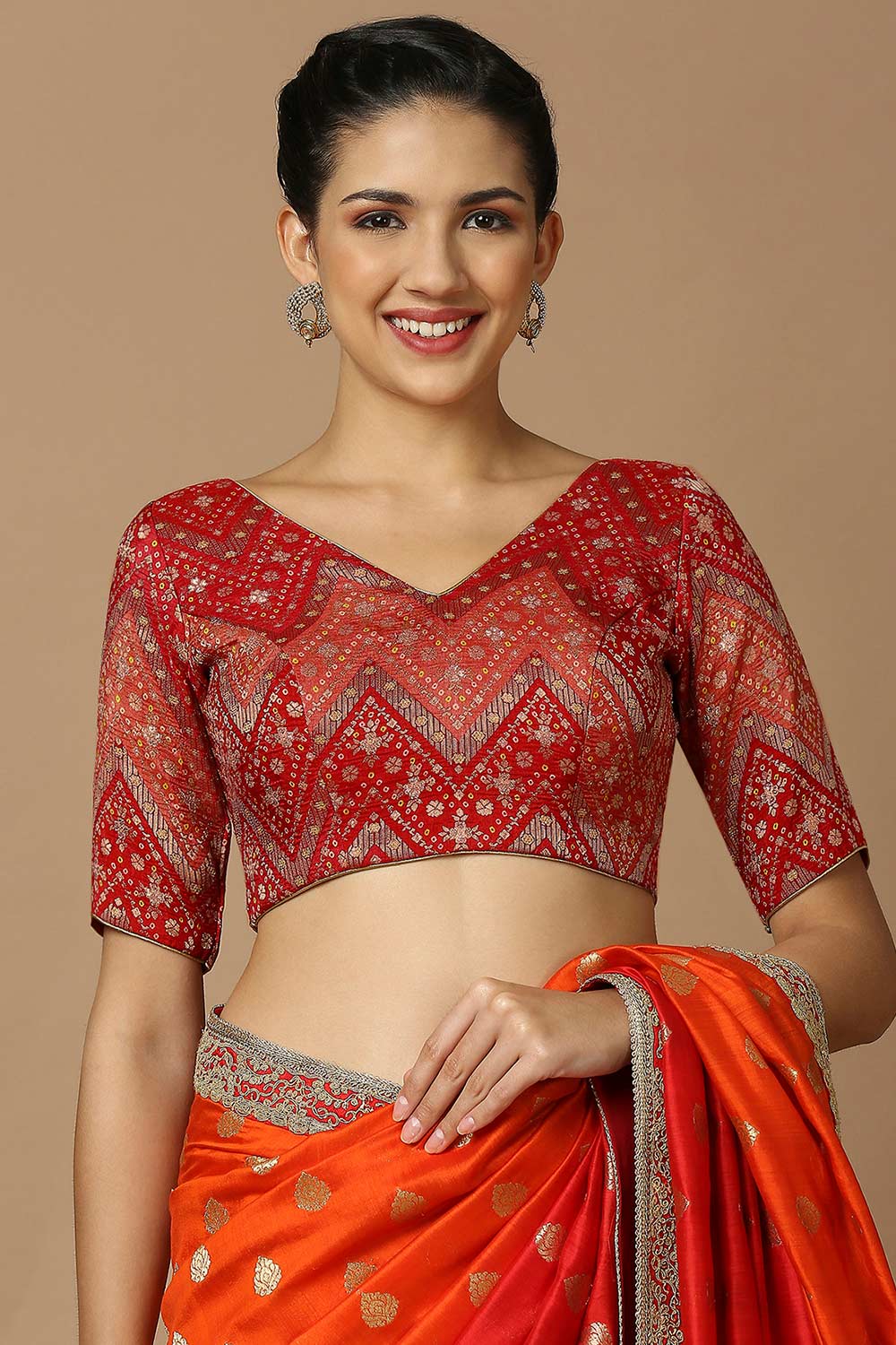 Red Brocade Elbow Length Padded Blouse