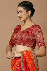 Red Brocade Elbow Length Padded Blouse