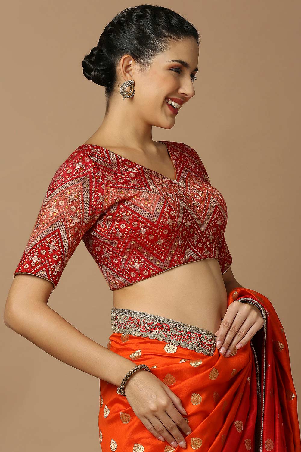 Red Brocade Elbow Length Padded Blouse