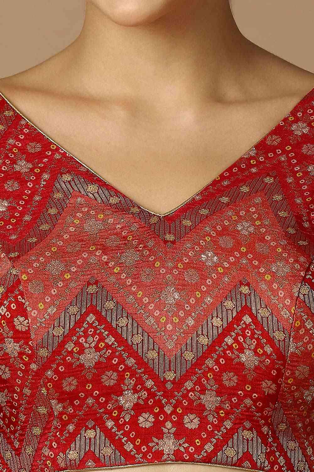 Red Brocade Elbow Length Padded Blouse