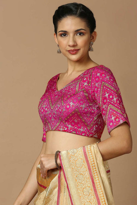 Pink Brocade Elbow Length Padded Blouse