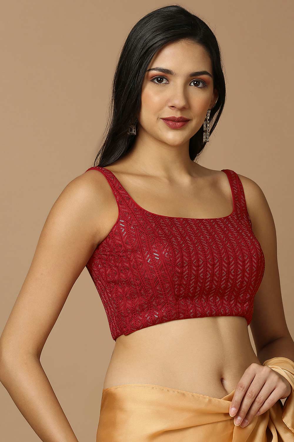 Red Silk Sleeveless Padded Blouse