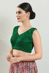 Green Brocade Embroidered Sleeveless Blouse