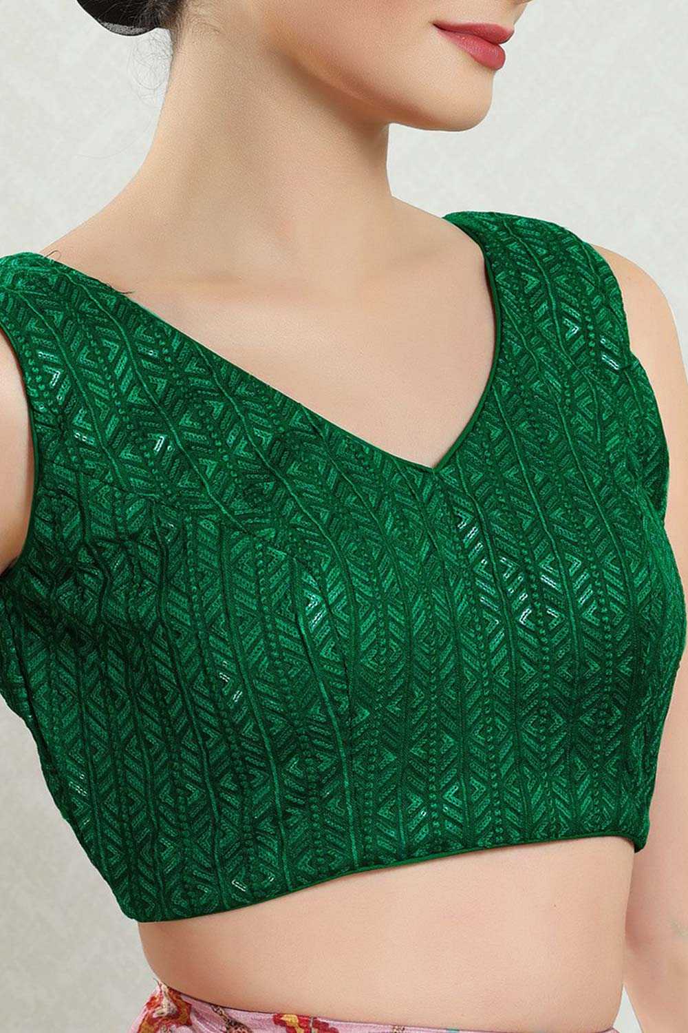 Green Brocade Embroidered Sleeveless Blouse